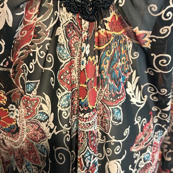 Bandolino Crochet SZ 14 Top Black Flower Tunic Boho Y2K Long Sleeve Pleated - Picture 9 of 10